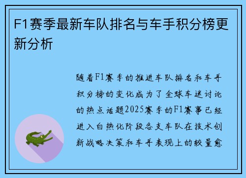 F1赛季最新车队排名与车手积分榜更新分析 F1赛季最新车队排名与车手积分榜更新分析
