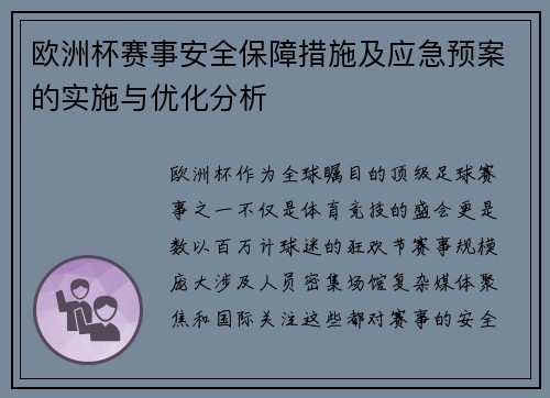 欧洲杯赛事安全保障措施及应急预案的实施与优化分析