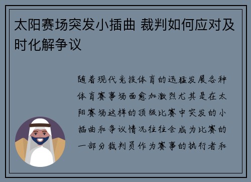 太阳赛场突发小插曲 裁判如何应对及时化解争议